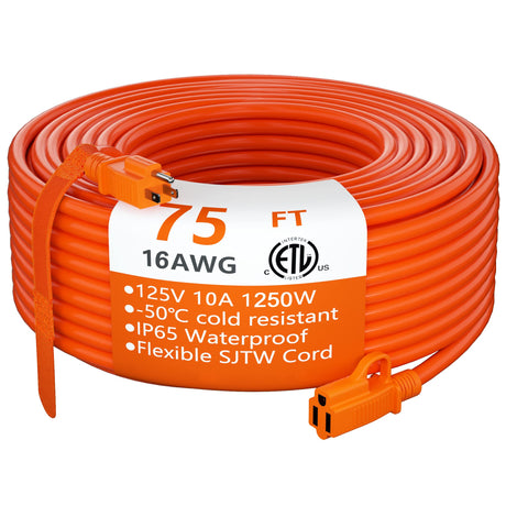 HUANCHAIN Outdoor Extension Cord 75 Foot Waterproof, 16/3 Gauge Flexible Cold-Resistant Appliance Extension Cord Outside, 10A 1250W 16AWG SJTW, 3 Prong Heavy Duty Electric Cord Orange, ETL huanchain