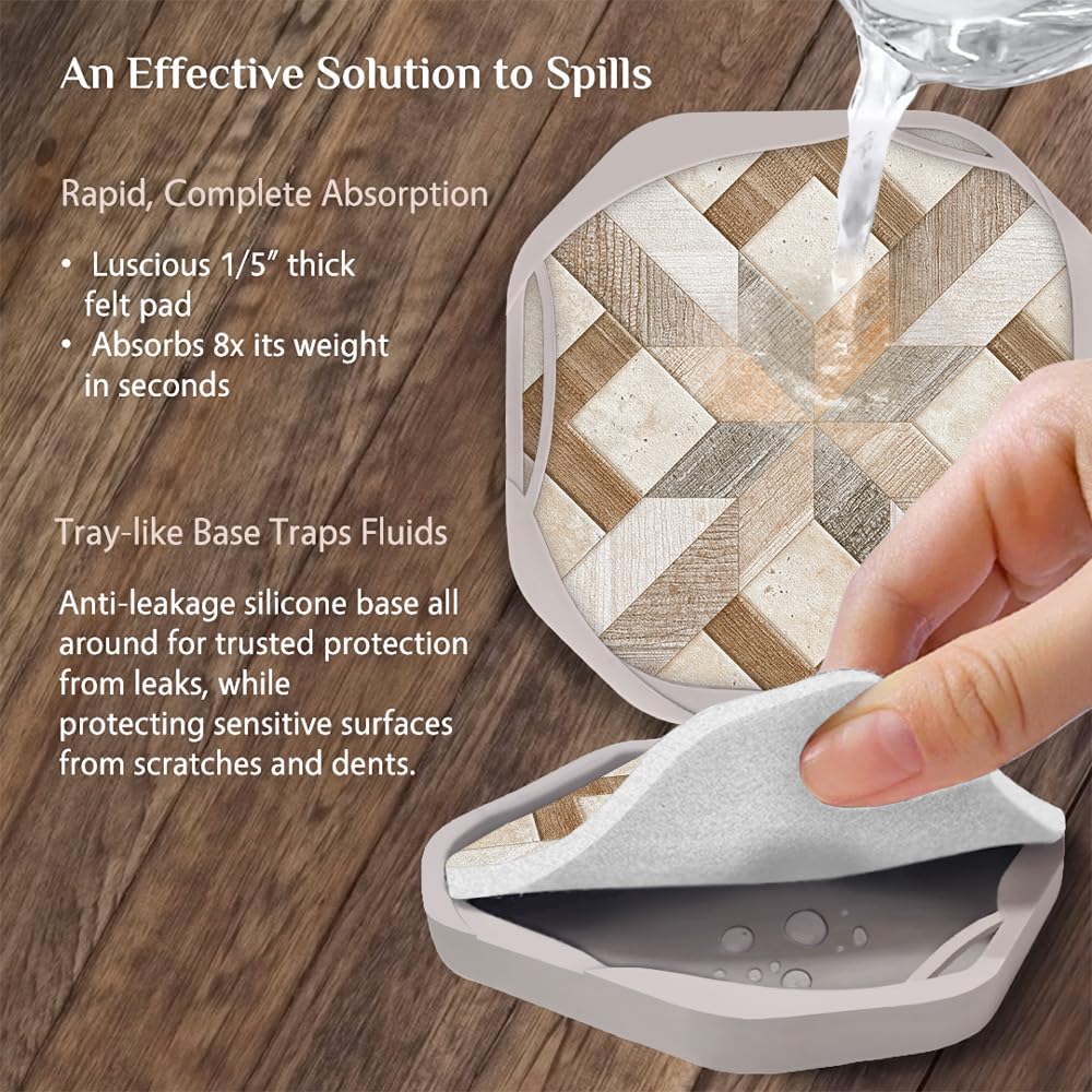 UMIRRO Absorbent Felt Coasters for Drinks with Silicone Case, Rustic Country Farmhouse Cup Coaster Set for Wooden Coffee Table Decor, Boho Tile Design, Brown, 4", 4 Pack Umirro