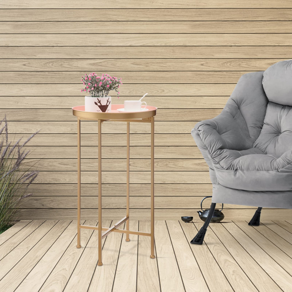 HollyHOME Small Round Metal End Table, Accent Indoor&Outdoor Coffee Side Table, Snack Sofa Table for Living Room, Anti-Rust Decorative Plant Stand, (D) 14.5" x(H) 25", Gold&Pink HollyHOME