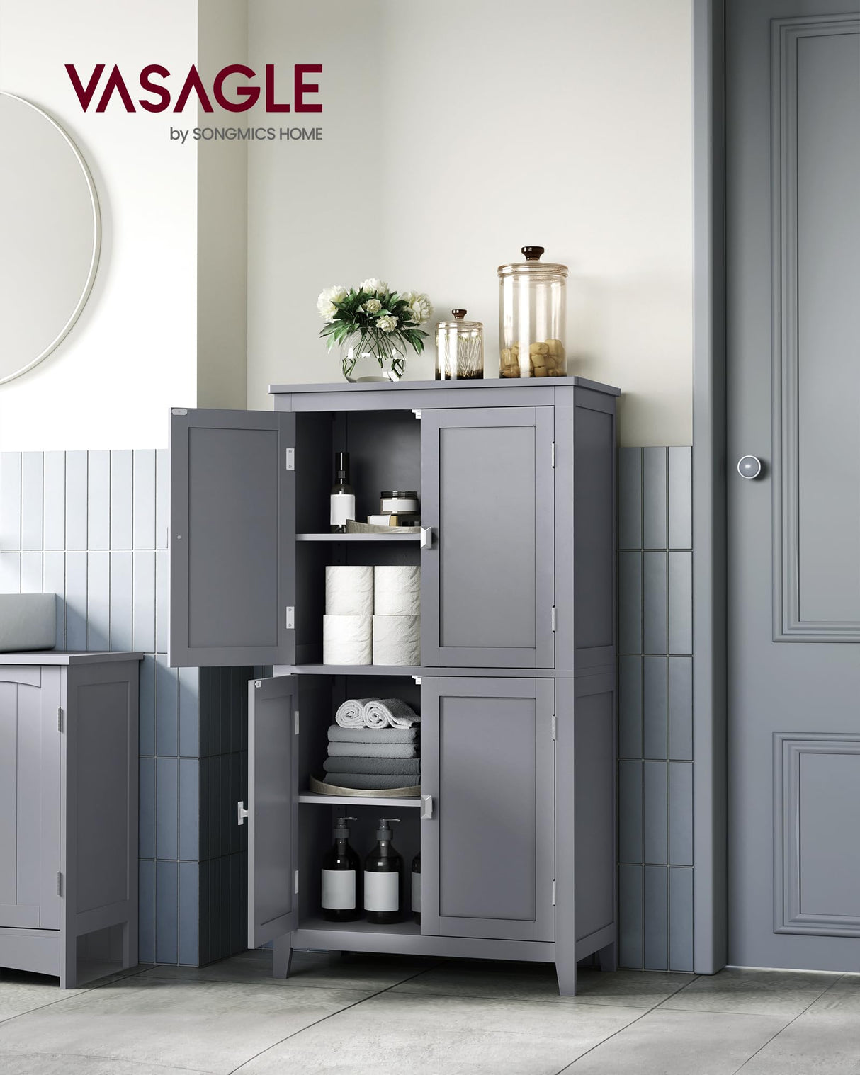 VASAGLE Bathroom Floor Storage Cabinet, Bathroom Storage Unit, Freestanding Cabinet with 4 Doors, Adjustable Shelves, 11.8 x 23.6 x 43.3 Inches, Mystic Gray UBBC552P36 VASAGLE
