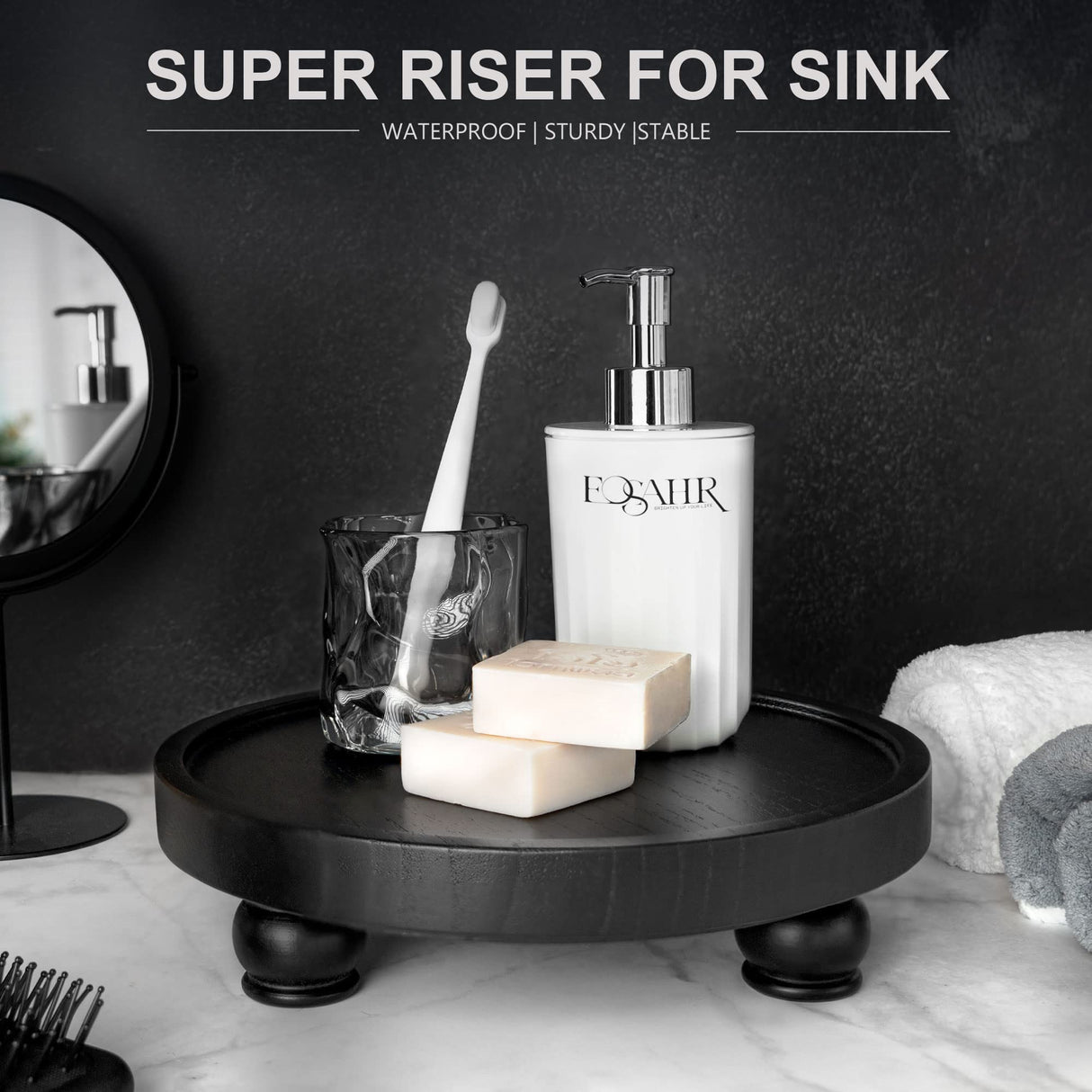EOSAHR Modern Wood Riser for Display : Farmhouse Pedestal Stand for Kitchen Counter and Home Decor, Round Waterproof Display Tray for Soap on Sink (Black) EOSAHR