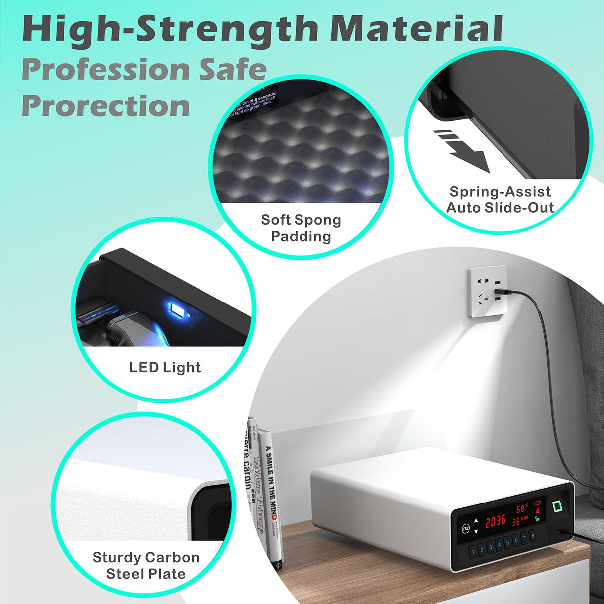 QINGENO Smart Gun Safe with Security Cable - Biometric Pistol Safe for 2 Handgun 3 Ways Quick Access with Fingerprint/Keypad/Key, for Nightstand Bedside Home with LCD and Voice Guide (White) QINGENO