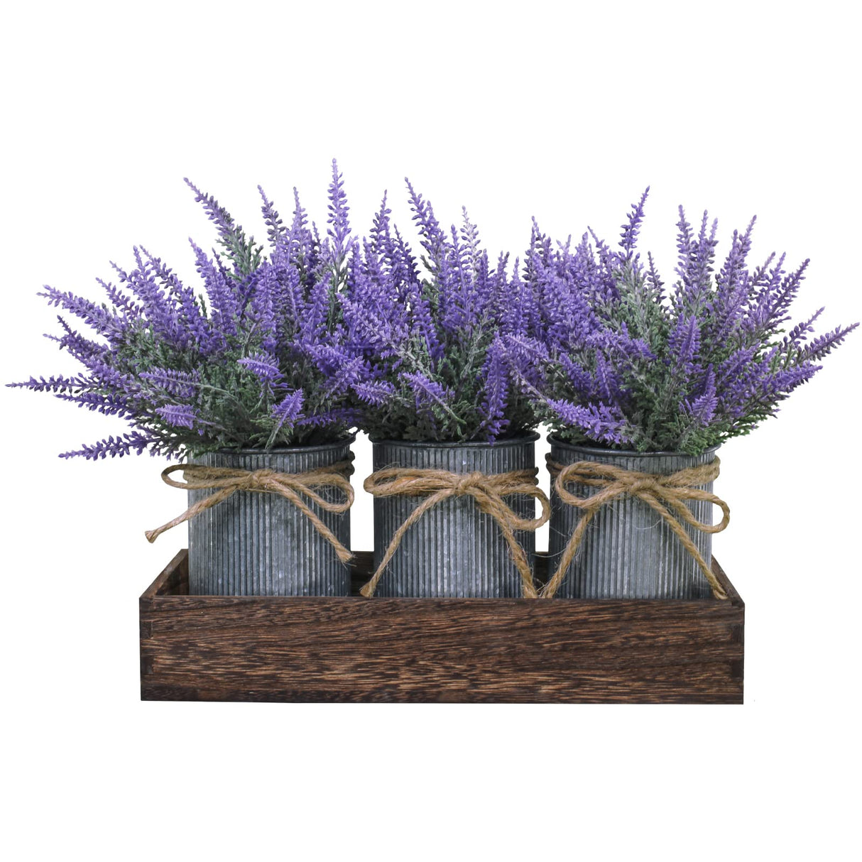 Set of 3 Small Potted Plants Arrangement Artificial Lavender Flower Plants in Rustic Galvanized Metal Pots with Decorative Wood Tray for Farmhouse Table Centerpiece Windowsill Country Indoor Decor Winlyn