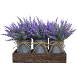 Set of 3 Small Potted Plants Arrangement Artificial Lavender Flower Plants in Rustic Galvanized Metal Pots with Decorative Wood Tray for Farmhouse Table Centerpiece Windowsill Country Indoor Decor Winlyn