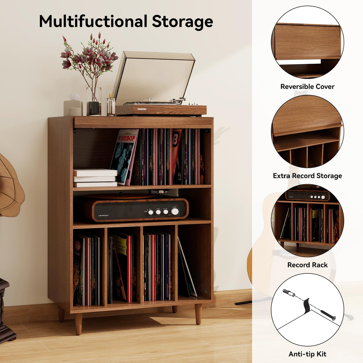 ELECWISH Record Player Stand with Vinyl Storage, Flip Top Media Cabinet, Audio-Video Stereo Cabinet，Mid-Century Turntable Table with Open Storage for Living Room, Bedroom, Walnut ELECWISH