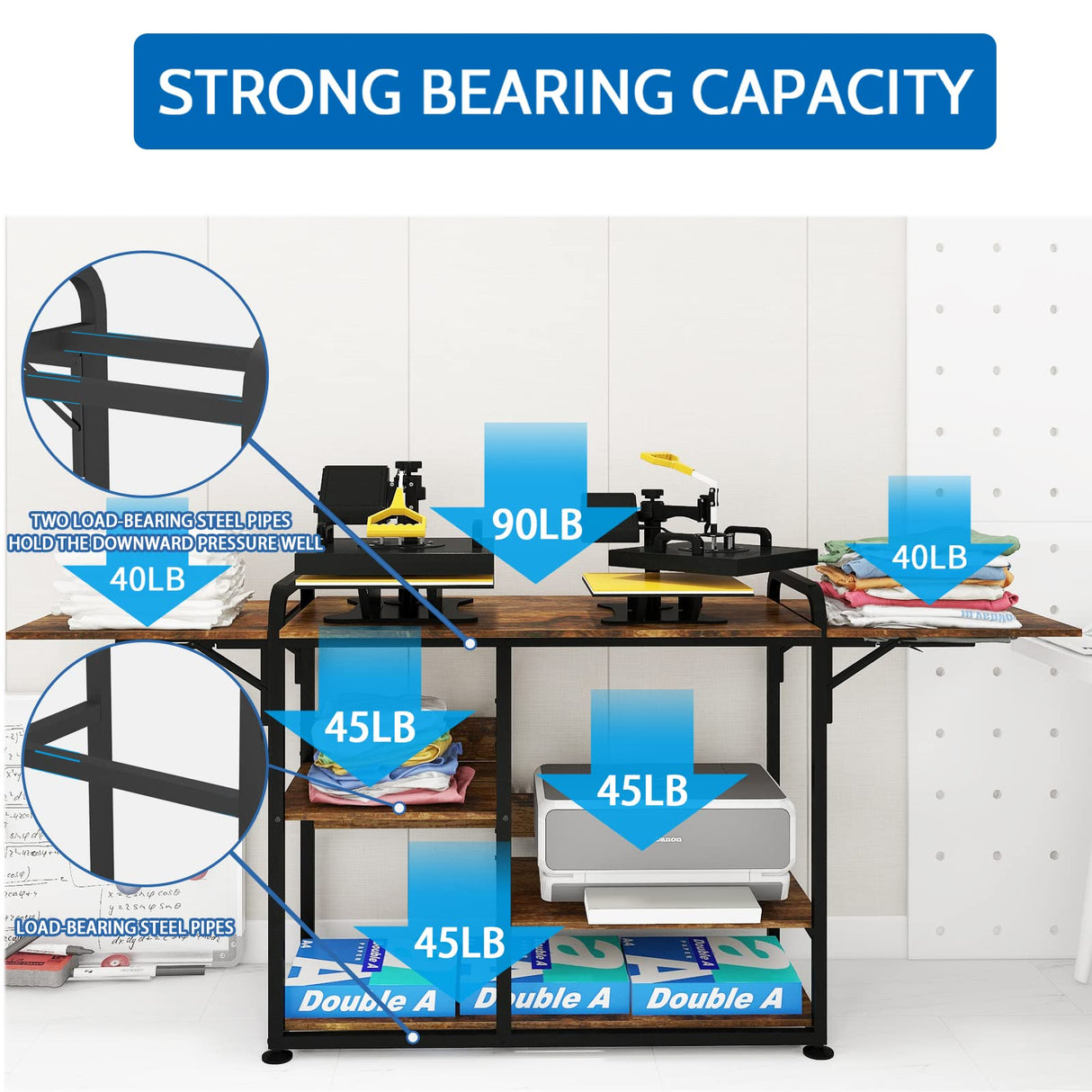 PUNCIA Large 3 Tier DIY Heat Transfer Press Machine Stands Heavy Duty Workbench with Folding Working Table for Sublimation Transfer Machine Metal Shelf Storage Organization PUNCIA