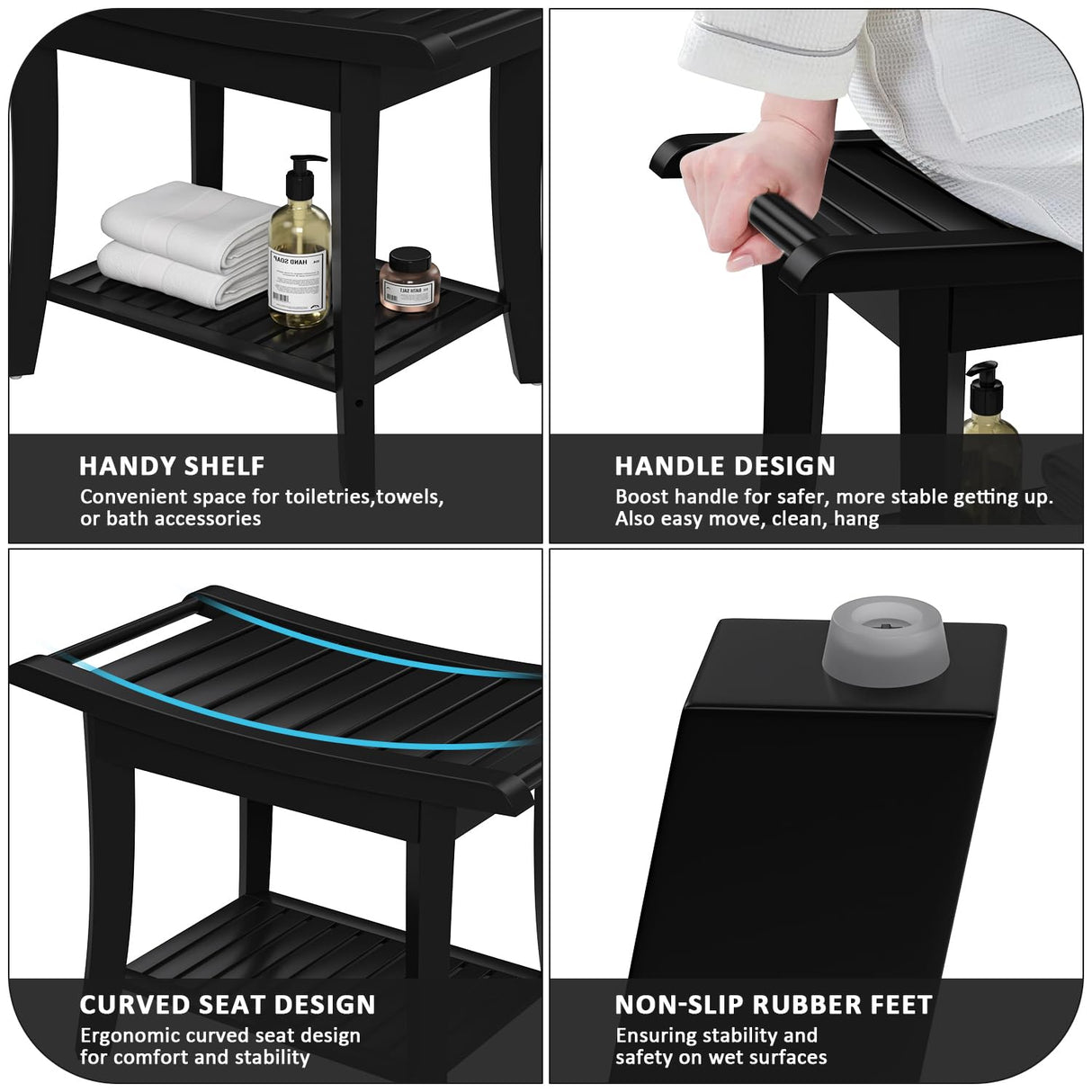 Bamboo Shower Stool Bench Waterproof with Storage Shelf for Shaving Legs or Spa Bath Seat in Bathroom & Inside Shower for Adults Seniors Elderly (24 x 13.4 x 18.5 inches+Black) Zhuoyue