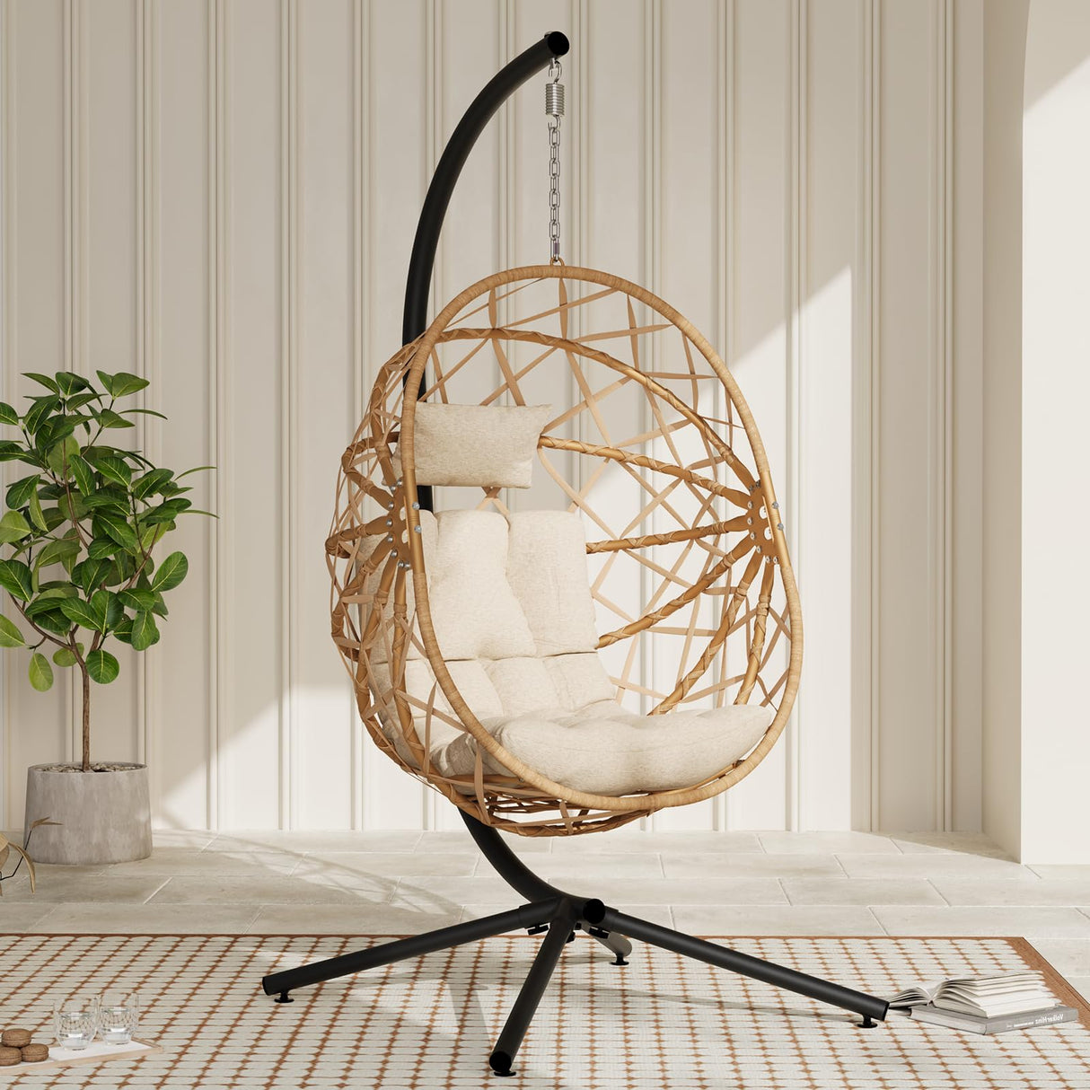 SWITTE Egg Chair Outdoor with Stand, Indoor Wicker Hanging Egg Swing Chair with Cushion, 400LBS Capacity for Patio, Bedroom & Garden - Cream SWITTE