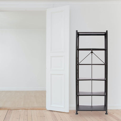Origami 6 Tier Classic Stamped Metal Storage Shelves for Books, Decor, Vinyl Records, and Garage Organization and Storage, Black Origami