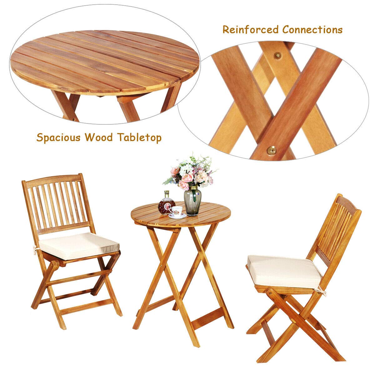 Tangkula 3 PCS Patio Folding Bistro Set, Outdoor Acacia Wood Chair and Table Set w/Padded Cushion& Round Coffee Table, Ideal for Indoor Patio Poolside Garden (Cream) - WoodArtSupply