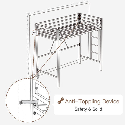 Multifunctional Metal Loft Bed Twin Size with Safety Guard and Removable Ladder in Matte Black - WoodArtSupply