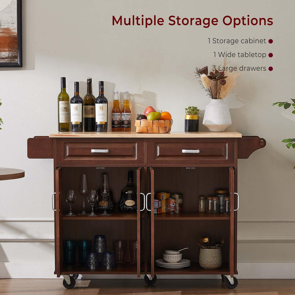 Lyromix 54" Rolling Kitchen Island on Wheels, Large Kitchen Island Cart with Storage Cabinet, Portable Wood Island Table for Kitchen with 2 Drawers and Spice Rack & Towel Rack, Rustic Brown Lyromix