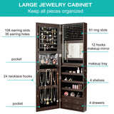 CHARMAID LED Strip Jewelry Armoire with 47.2" H Full Length Mirror, Wall/Door Mounted Jewelry Organizer with Built-in Mirror, Flip-over Cosmetic Tray, 4 Drawers, Large Storage Jewelry Cabinet (Coffee) CHARMAID