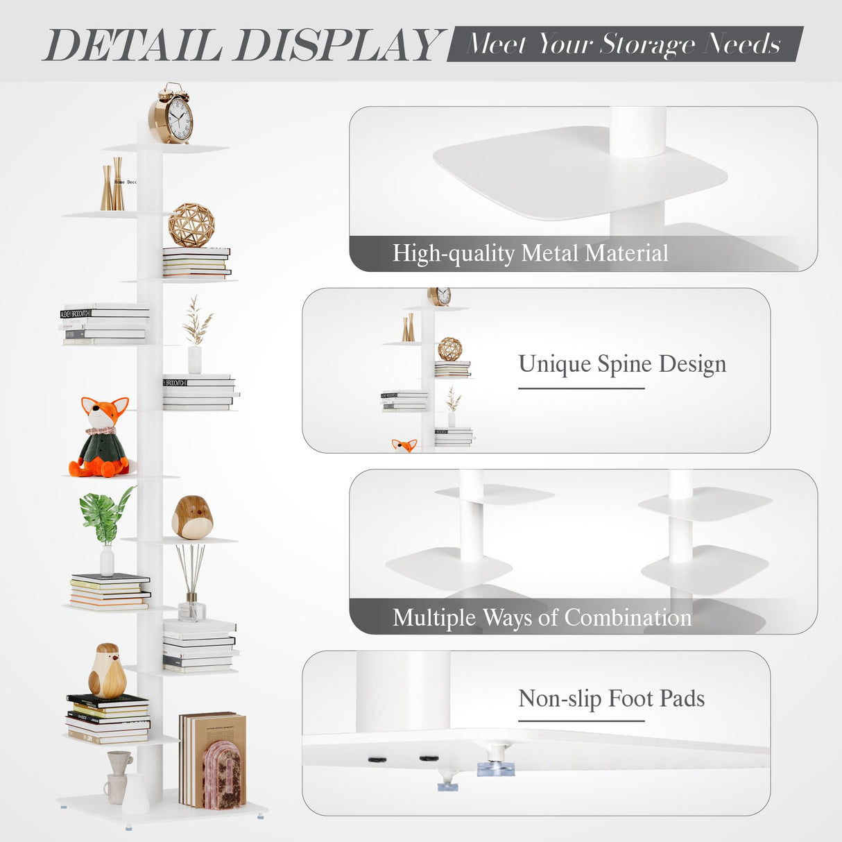 Suchtale Spine Bookshelf, Vertical Spine Book Tower, 11-Tier Metal Bookcase, Book Organizers, Book Shelves for Study, Display Book Shelf Storage Rack for Living Room, DIY Book Case for Decor, White Suchtale