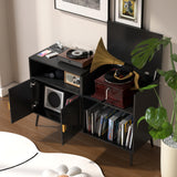 Large Record Player Stand, Record Table Cabinet with Power Outlet, Modern Vinyl Record Storage Cabinet with Wood Legs for Bedroom, Living Room, Office (Black) Athuiline