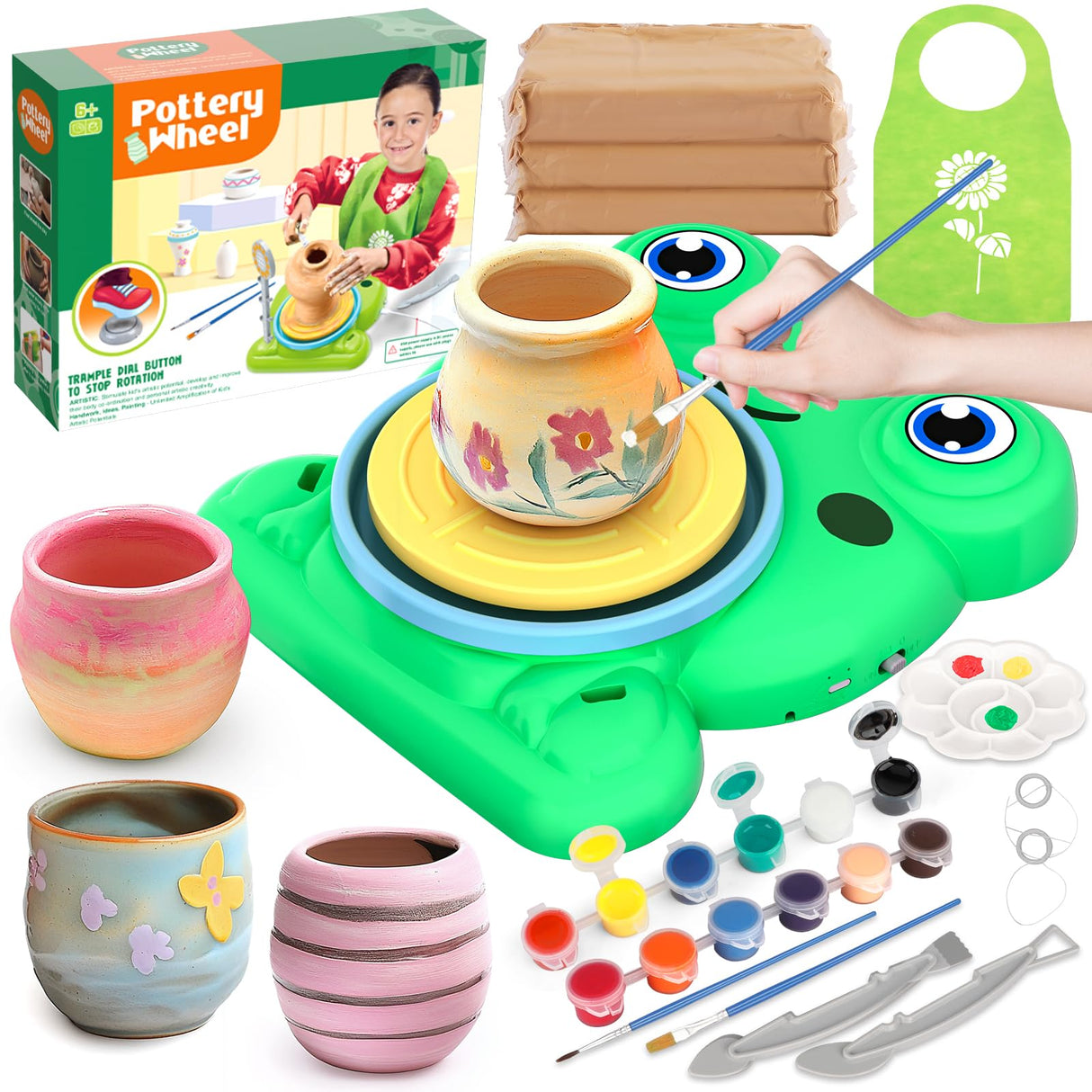 Pottery Wheel for Kids - Complete Pottery Painting Kit Arts and Crafts for Kids Ages 8-12 with 3 Pack Air Dry Clay Art Supplies for Kids Toys Girls Boy Birthday Gift for 6 7 8 9 10 11 12+ Aujazyble