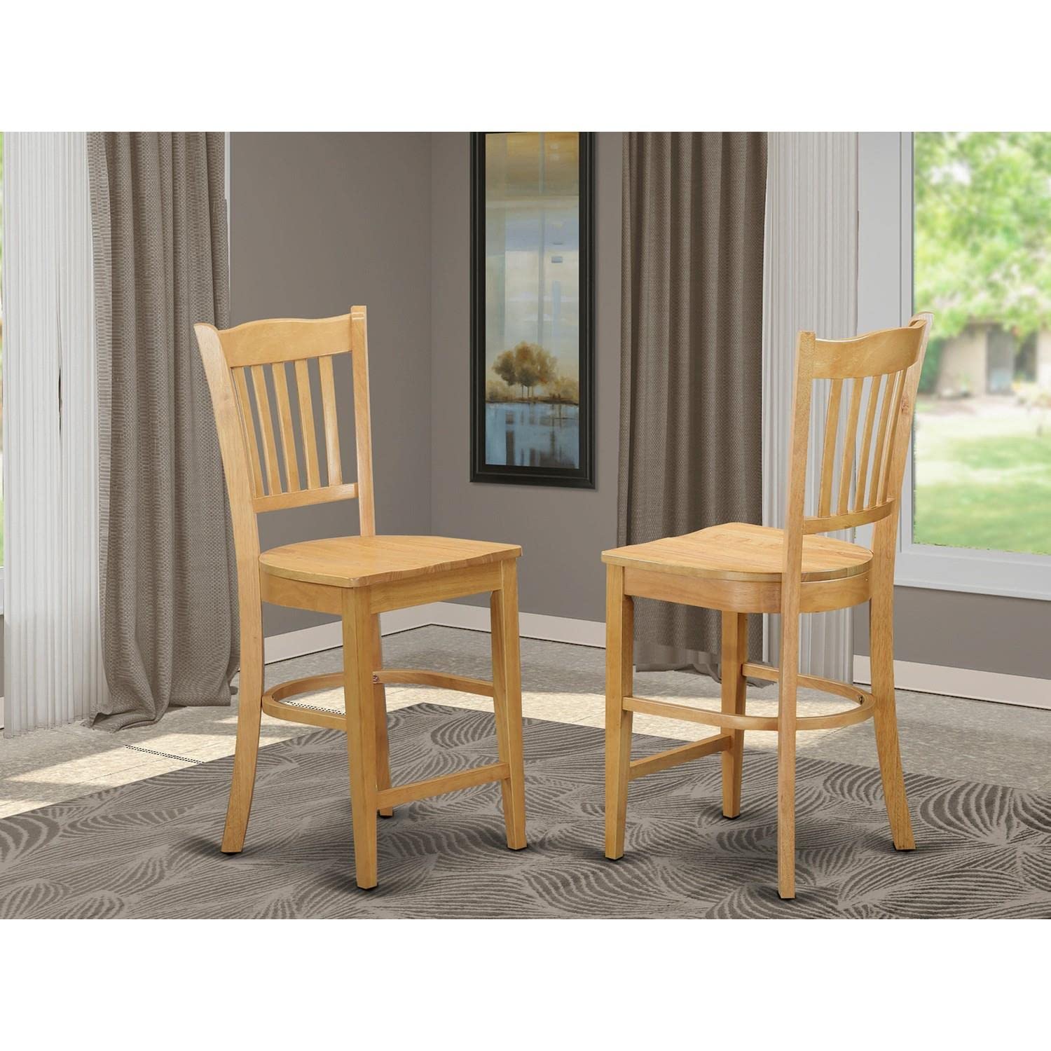 East West Furniture Groton Counter Height Stools-Slat Back Wood Seat Chairs, Set of 2, Oak - WoodArtSupply