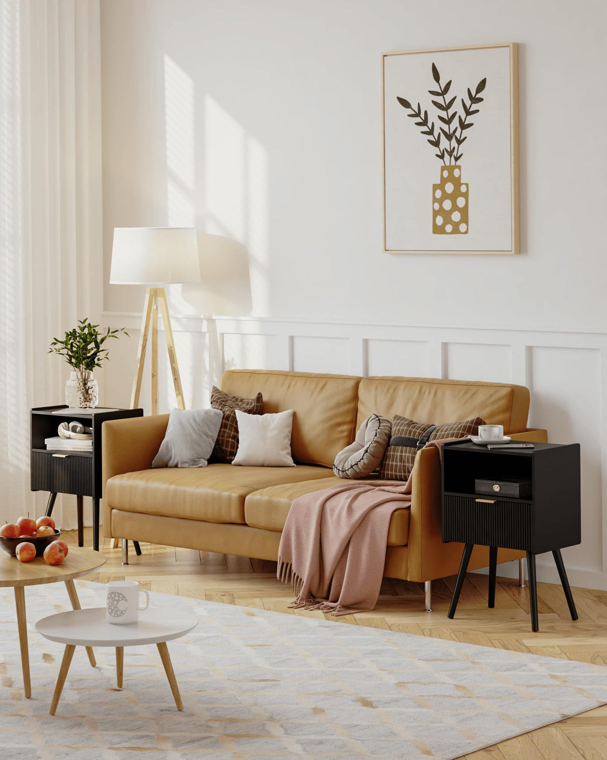 JOONEE Black Nightstand,Modern Bedside Table with Storage Drawer and Open Wood Shelf, for Living Room, Bedroom and Small Spaces, Accent Night Stand with Solid Wood Legs, Easy Assembly,Classic Black JOONEE