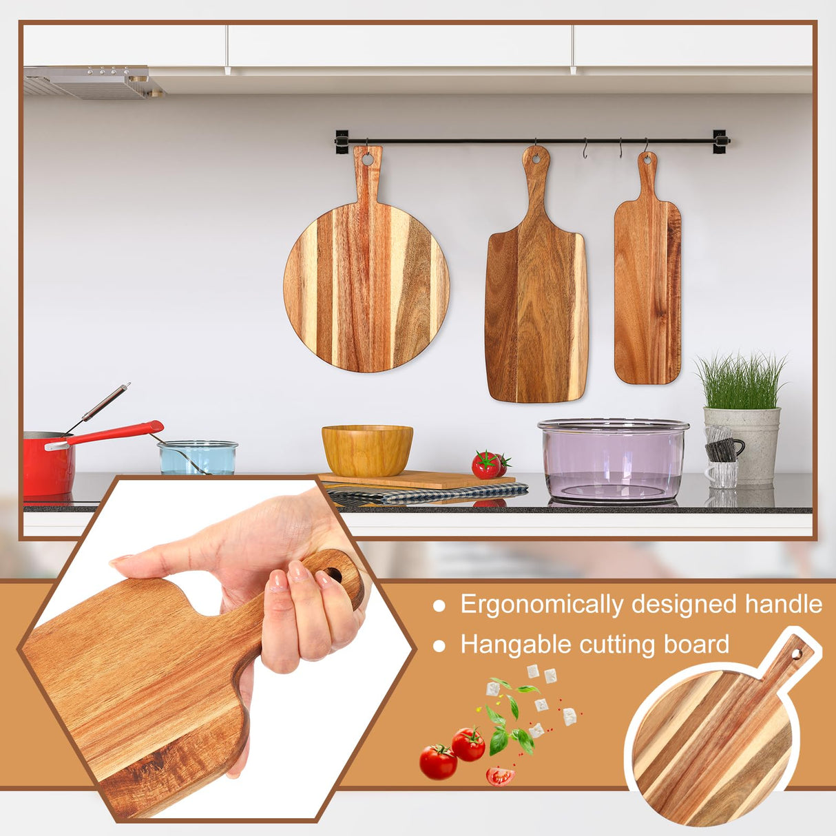 Uiifan 3 Pcs Acacia Wood Cutting Board with Handle Wooden Chopping Board Charcuterie Boards Assorted Size Serving Board Butcher Block Serving Tray for Cheese Pizza, 16 x 12 In, 17 x 7 In, 16 x 4.7 in Uiifan