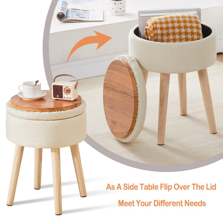 Mxfurhawa Storage Ottoman Linen Round Vanity Stool Tray Top Modern Foot Stool with Wood Legs Multifunctional Upholstered Foot Ottoman Rest for Living Room, Bathroom, Makeup (White) Mxfurhawa