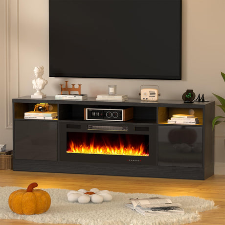 BREEZEHEAT Electric Fireplace TV Stand-Led Entertainment Center-70 inch TV Stand with 36" Electric Fireplace-Living Room Tv Cabinet with Storage for TVs Up to 80"，Modern Media Console (Black) BREEZEHEAT