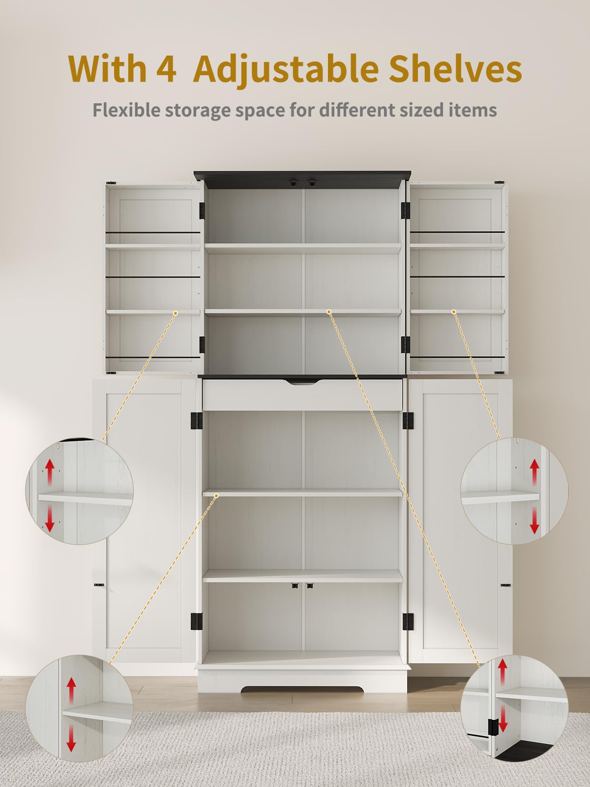 Kitchen Pantry Storage Cabinet 72” Tall, Bathroom Storage Cabinet with 4 Adjustable Shelves and 1 Drawer, Metal Storage Cabinet Freestanding Cupboard for Kitchen, Dining Room, Bathroom (White) Sunny Heart