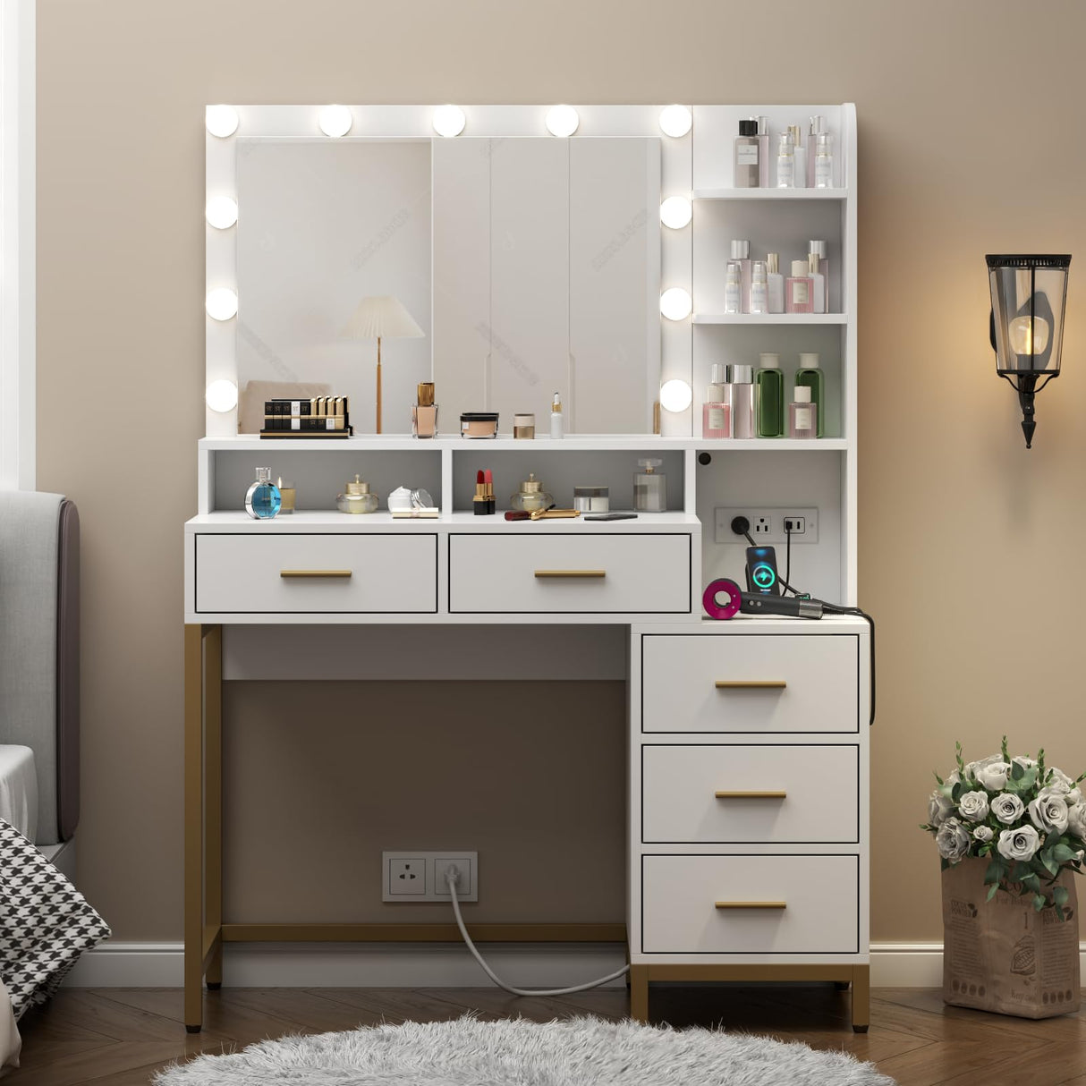 Loomie Vanity Desk with Lighted Mirror & Power Outlet, Makeup Table with 5 Drawers, Two Cubby & Shelf, Vanity Dresser with 11 Lights in 3 Lighting Colors for Bathroom, Bedroom,Makeup Room,White Loomie