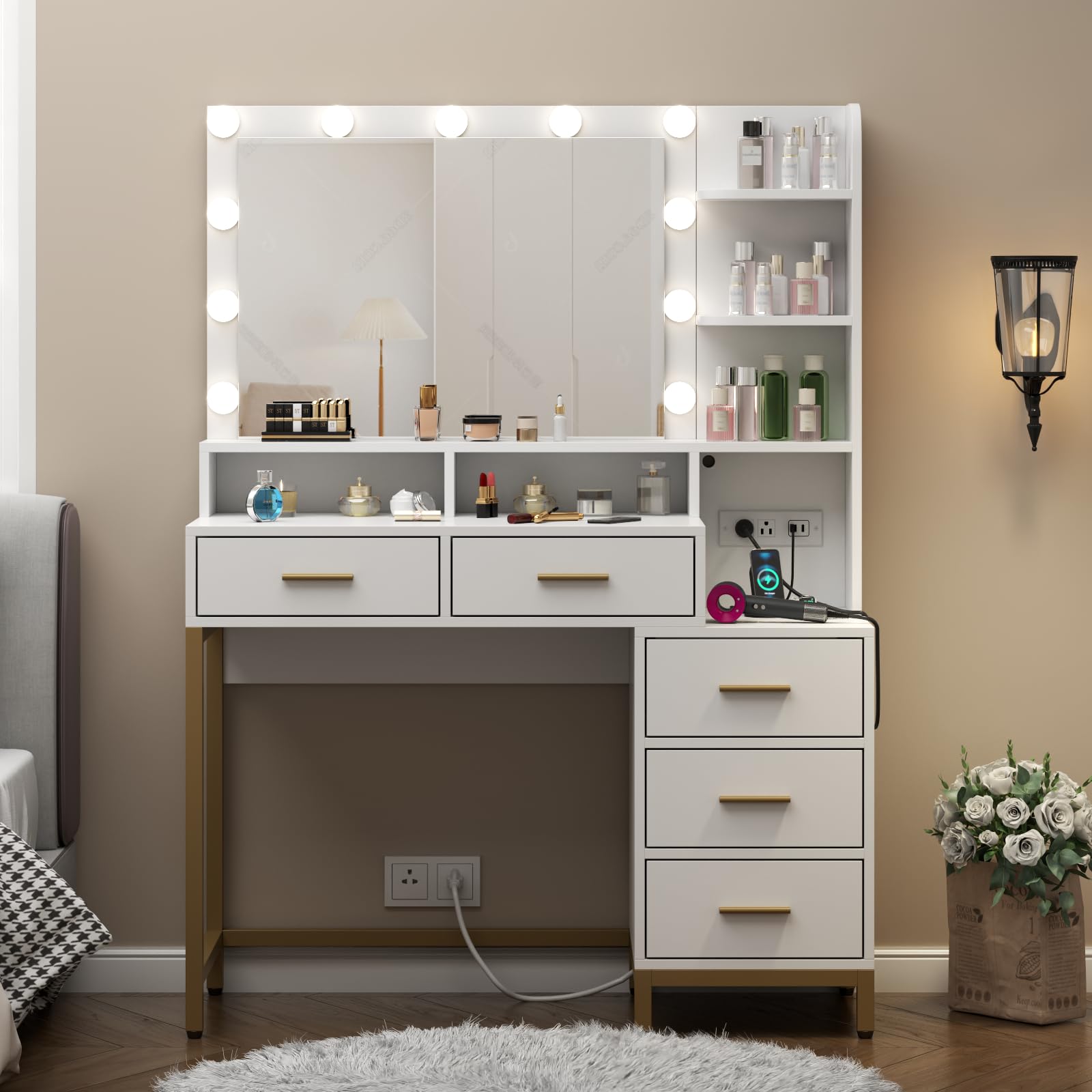 Loomie Vanity Desk with Lighted Mirror & Power Outlet, Makeup Table with 5 Drawers, Two Cubby & Shelf, Vanity Dresser with 11 Lights in 3 Lighting Colors for Bathroom, Bedroom,Makeup Room,Whi - WoodArtSupply