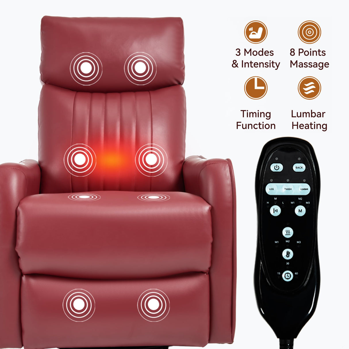 PELUMY Recliner Chair Swivel Rocking with Heat Massage - 360° Manual Recliner, 8-Point Vibrating & Lumbar Heat, Easy Assembly Chair for Living Room (Breathable Leather, Red) PELUMY