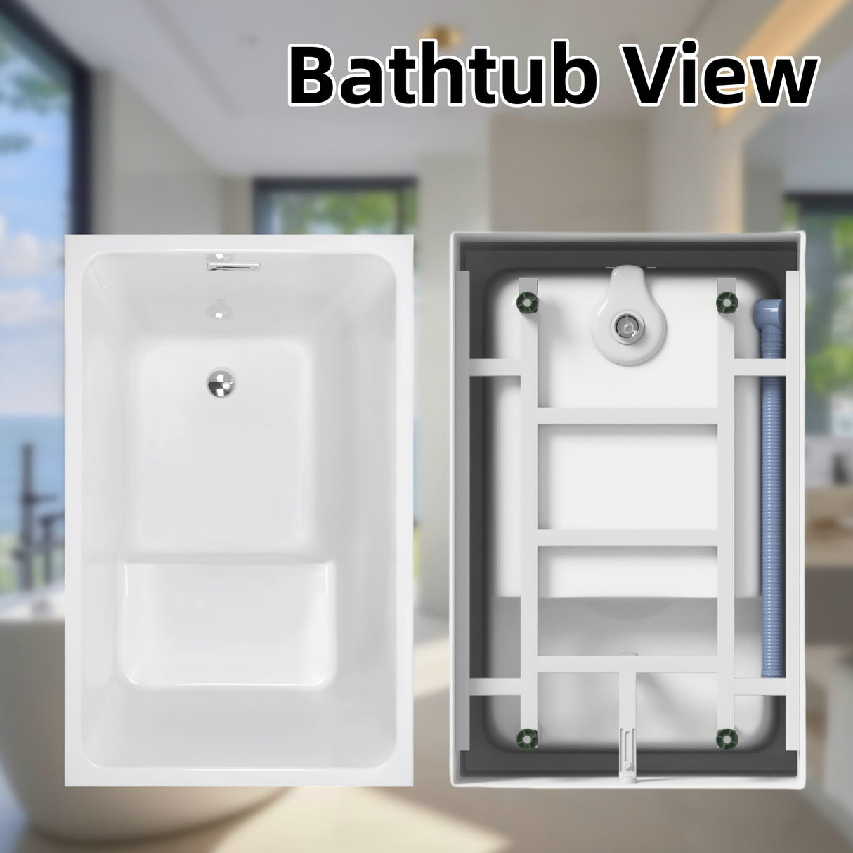 43" Acrylic Freestanding Bathtub with Seat, Japanese Soaking Tub Spacious Rectangular Shape, Modern Soaking Bathtub, Gloss White Finish, Chrome Slotted Overflow & Pop-Up Drain Runave