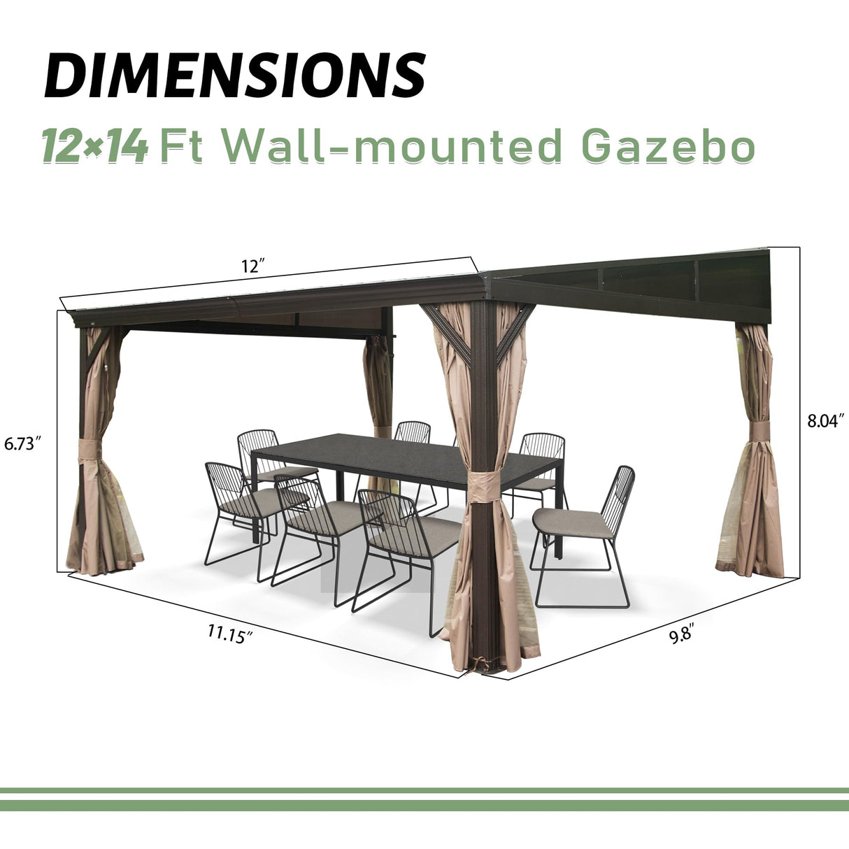 Domi 12x14FT Lean to Gazebo, Aluminum Wall Mounted Gazebo with Sloping Galvanized Steel Roof, Curtains and Netting, Outdoor Hardtop Gazebo Pergola for Patio, Deck, Garden, Backyard domi outdoor living