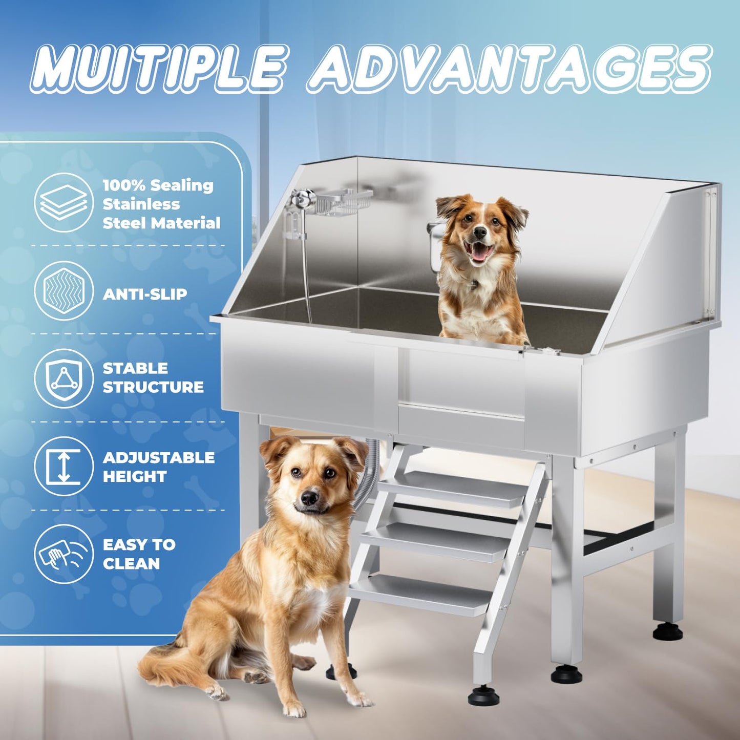 Dog Washing Station, 38" Professional Dog Bathing Station Stainless Steel Dog Grooming Tub Dog Washing Station for Home,Equipped with Three Anti-Slip Steps, Removable Door, Pet Wash Station for Pet