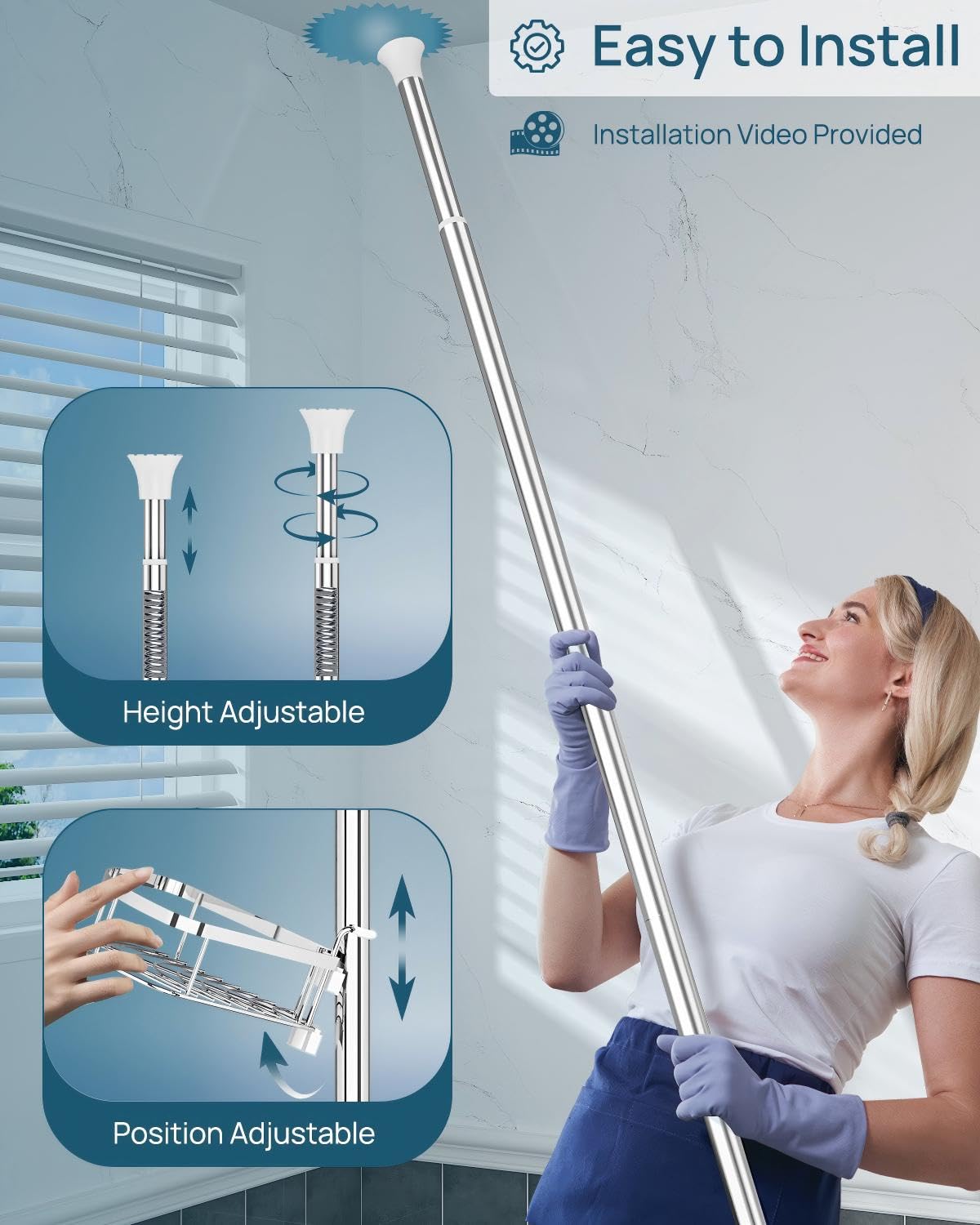 SEIRIONE Rustproof Shower Corner Caddy Organizer for Bathroom, 4 Adjustable Shelves with Tension Pole, for Bathtub Shampoo Accessories Storage Holder, 34 to 116 Inch Height SEIRIONE