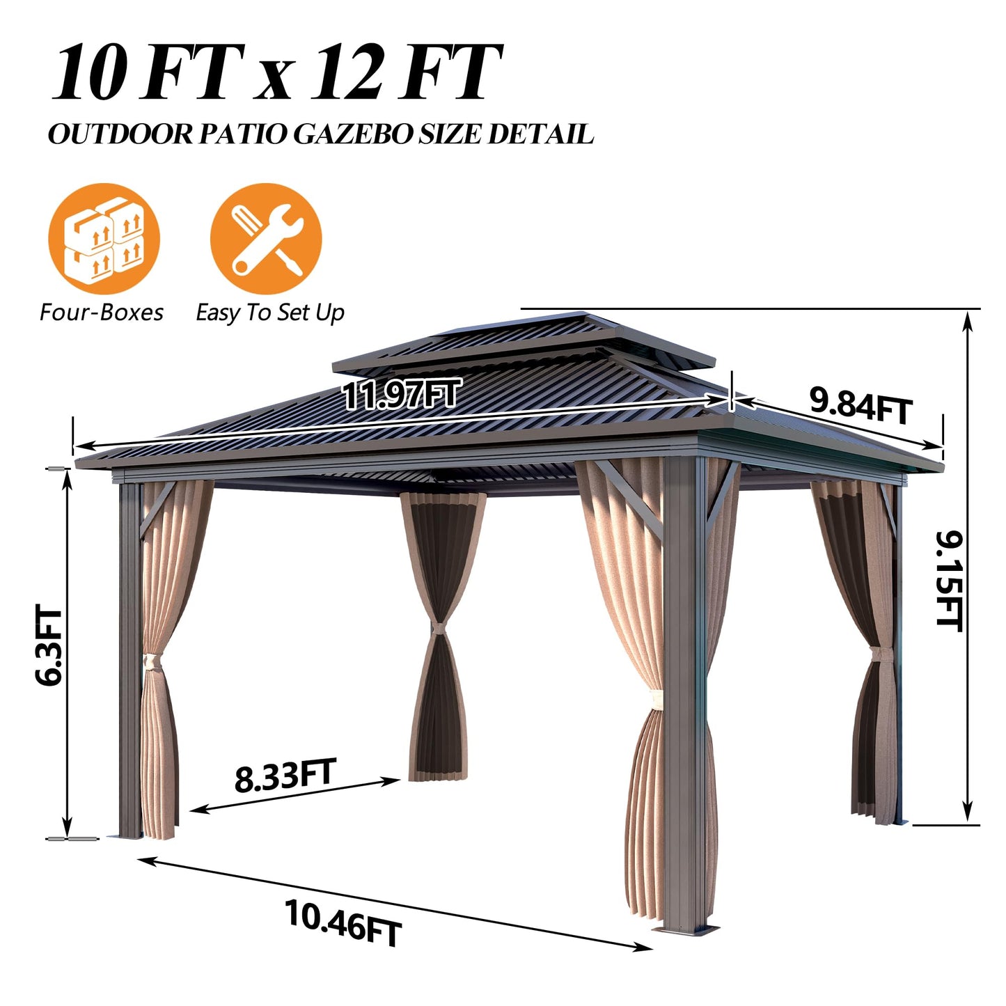 GARTOO 10x12FT Outdoor Hardtop Gazebo with Double Roof - Heavy-Duty Galvanized Steel Top Aluminum Frame Gazebo with Breathable Netting & Privacy Curtain for Patio, Porch, Garden, Lawn, Deck, Backyard