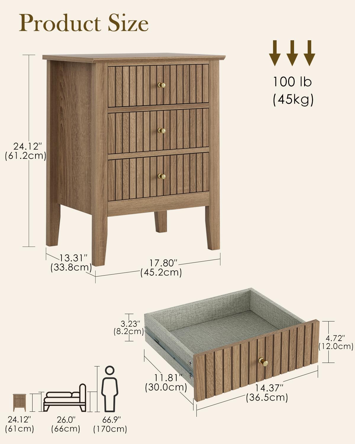 Apetaccat Fluted Nightstand, Farmhouse Night Stand with 3 Drawers, Mid Century Modern Side Accent Table,Bedside End Table for Bedroom, Living Room, Natural Apetaccat