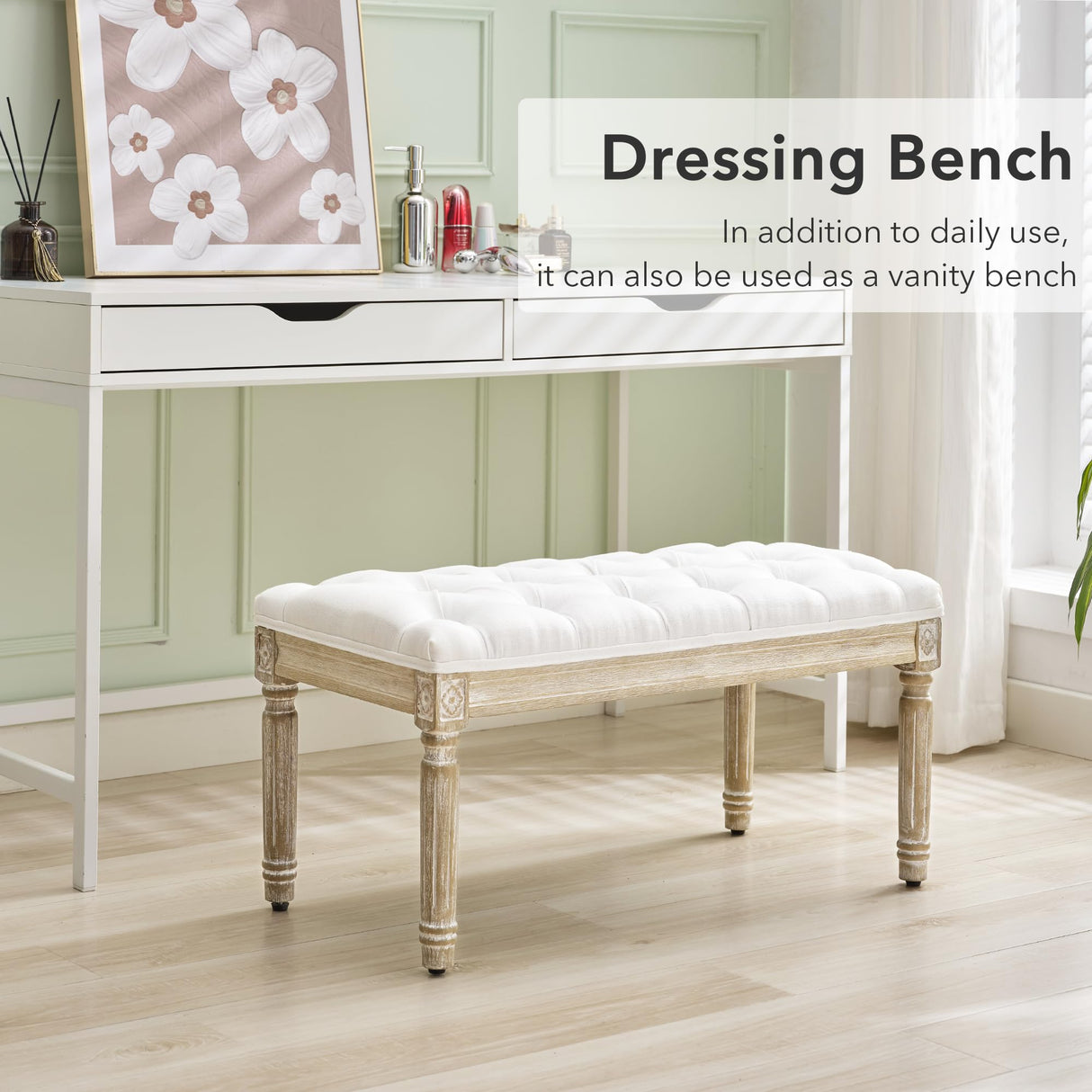 LOULENS French Vintage Bench, Linen Fabric Entryway Bench, Upholstered Tufted End of Bed Bench with Brushed Wood Legs, White LOULENS
