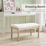 LOULENS French Vintage Bench, Linen Fabric Entryway Bench, Upholstered Tufted End of Bed Bench with Brushed Wood Legs, White LOULENS