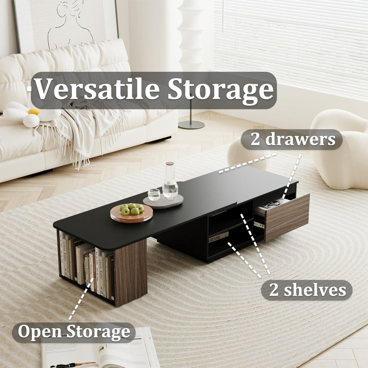 JOYSOURCE Extendable Coffee Table 48-66'' Rectangle with Drawers Storage Shelf Adjustable Coffee Table (Black/Walnut) JOYSOURCE