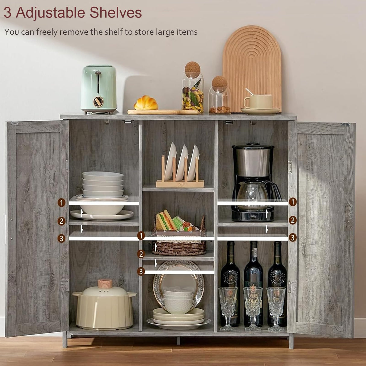 Iwell Storage Cabinet, Sideboard Buffet Cabinet with 2 Doors and 4 Storage Shelves, Floor Cabinet, Bathroom Cabinet for Living Room, Dinning Room, Entryway, Grey Iwell