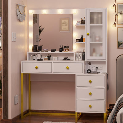 Tiptiper Makeup Vanity with Lights & Charging Station, Large Vanity Desk with Mirror and Lights, Makeup Table with 5 Drawers & Shelves, White and Gold