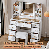Arulvmrn 42" Makeup Vanity Desk with Mirror and Lights, & Power Outl, Glass Top Big Vanity Table with 9 Drawers& 8 Storage Shelves, Dressing Table Set with Chair for Bedroom, White Arulvmrn