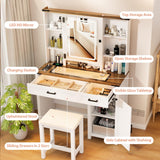 Trygoal Farmhouse Makeup Vanity, Vanity Desk with 3 in 1 Charging Station and Human Body Sensing LED Lights, Vanity Table with Glass Tabletop & Hidden Jewelry Cabinet, Stool Included, Vintage White Trygoal