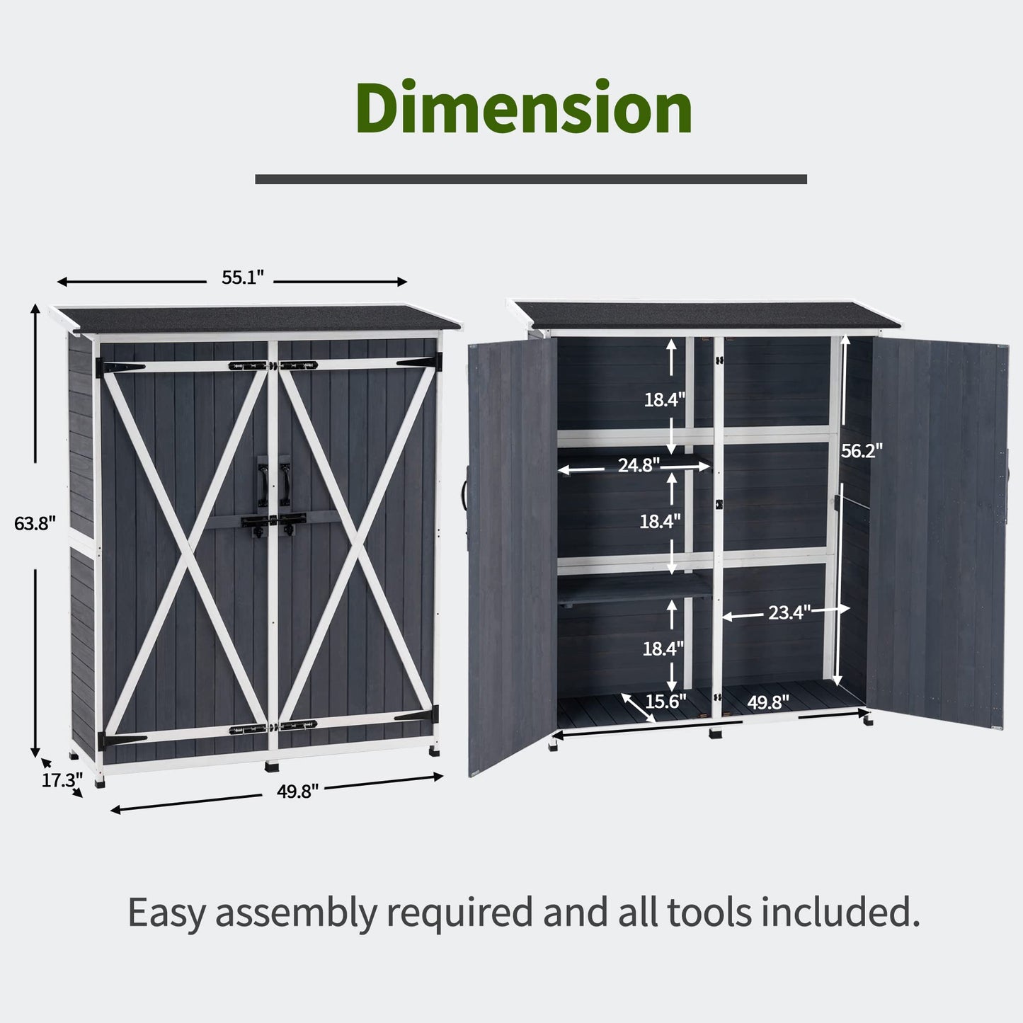 MCombo Storage Shed Backyard Utility Tools Organizer Outdoor Wooden Garden Racks Shelves with Lockers 2 Doors Home Furniture 6056-1400(Grey) - WoodArtSupply