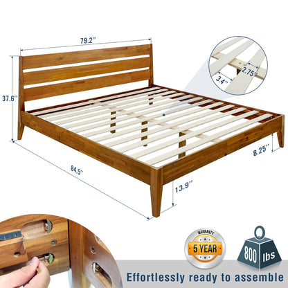 Acacia Emery Bed Frame with Headboard Solid Wood Platform Bed, King Size Bed Frame, Unique Design Contemporary Signature Wood Bed Compatible with All Mattresses, Non-Slip and Noise-Free, Caramel