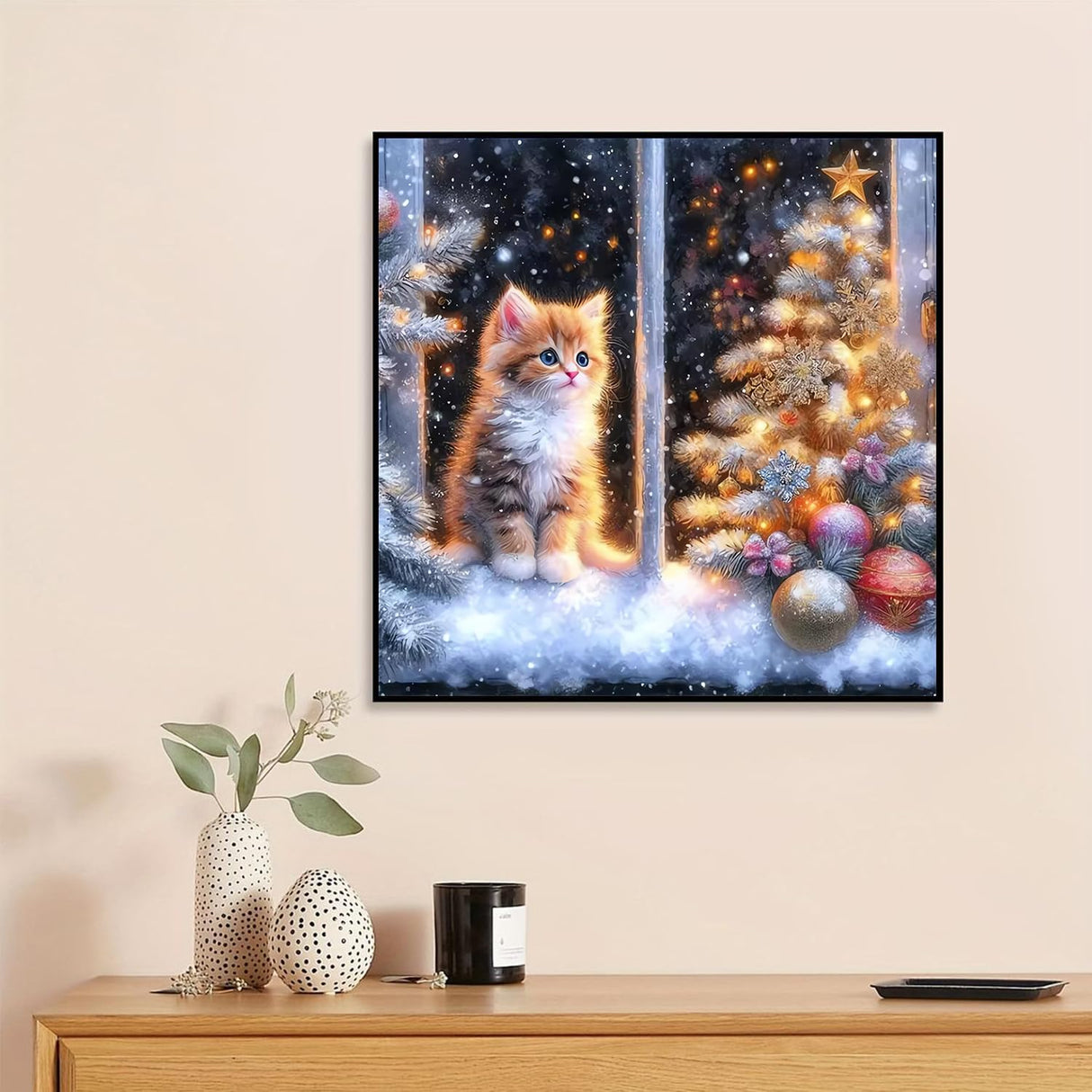 DAZZLEDOTS Diamond Art Kits for Adults, Cat Diamond Painting 5D Diamond Art for Beginners Window Winter DIY Full Drill Paint by Diamonds Dot Christmas Gem Art for Home Wall Decor 13.8x13.8inch DAZZLEDOTS