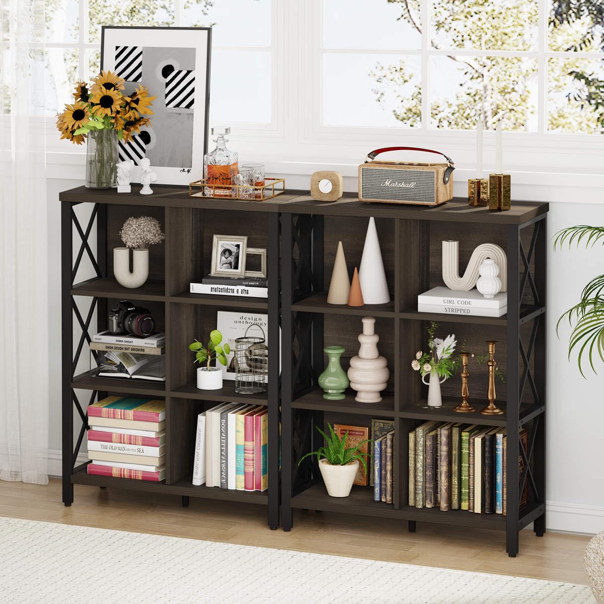 FATORRI 6 Cube Storage Organizer Shelf, Rustic Wood and Metal Cubby Bookcase, Industrial 4 Tier Cube Bookshelf (Walnut Brown) FATORRI