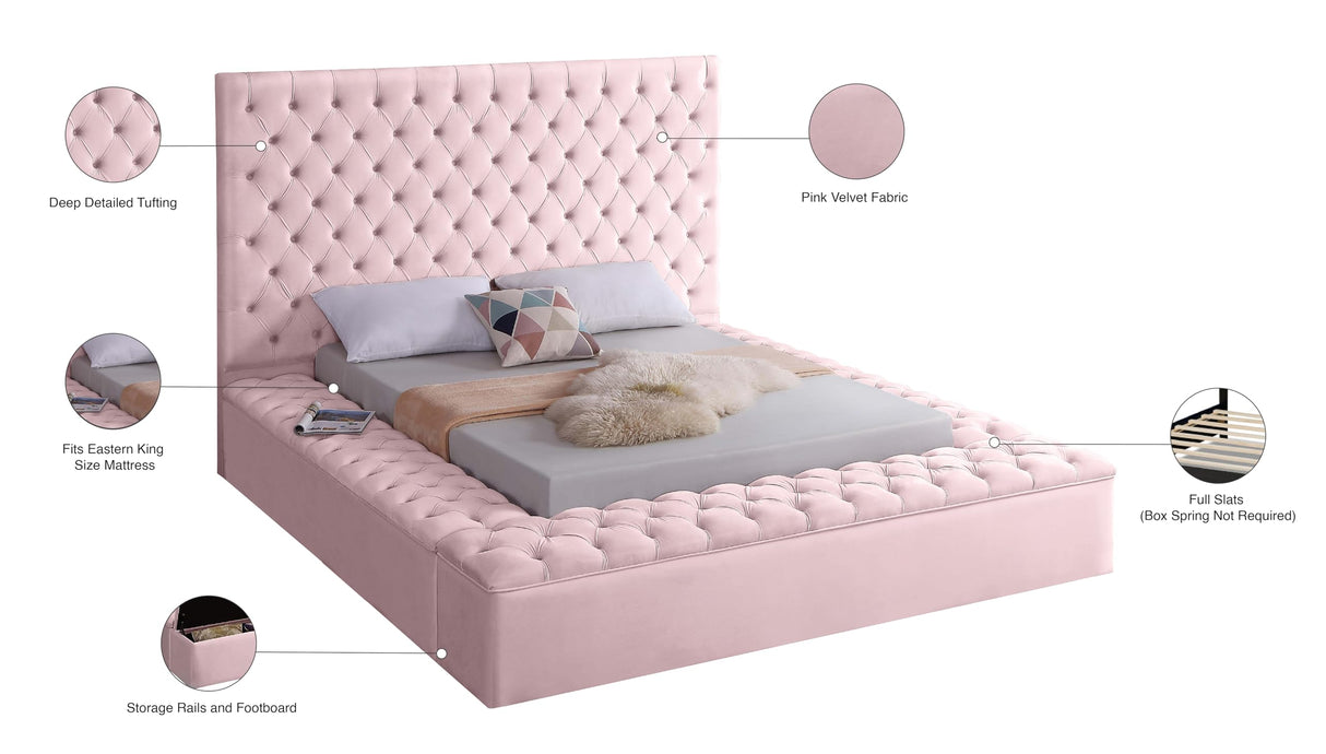 Meridian Furniture Bliss Collection Modern | Contemporary Velvet Upholstered Bed with Deep Button Tufting and Storage Compartments in Rails and Footboard, Pink, King Meridian Furniture