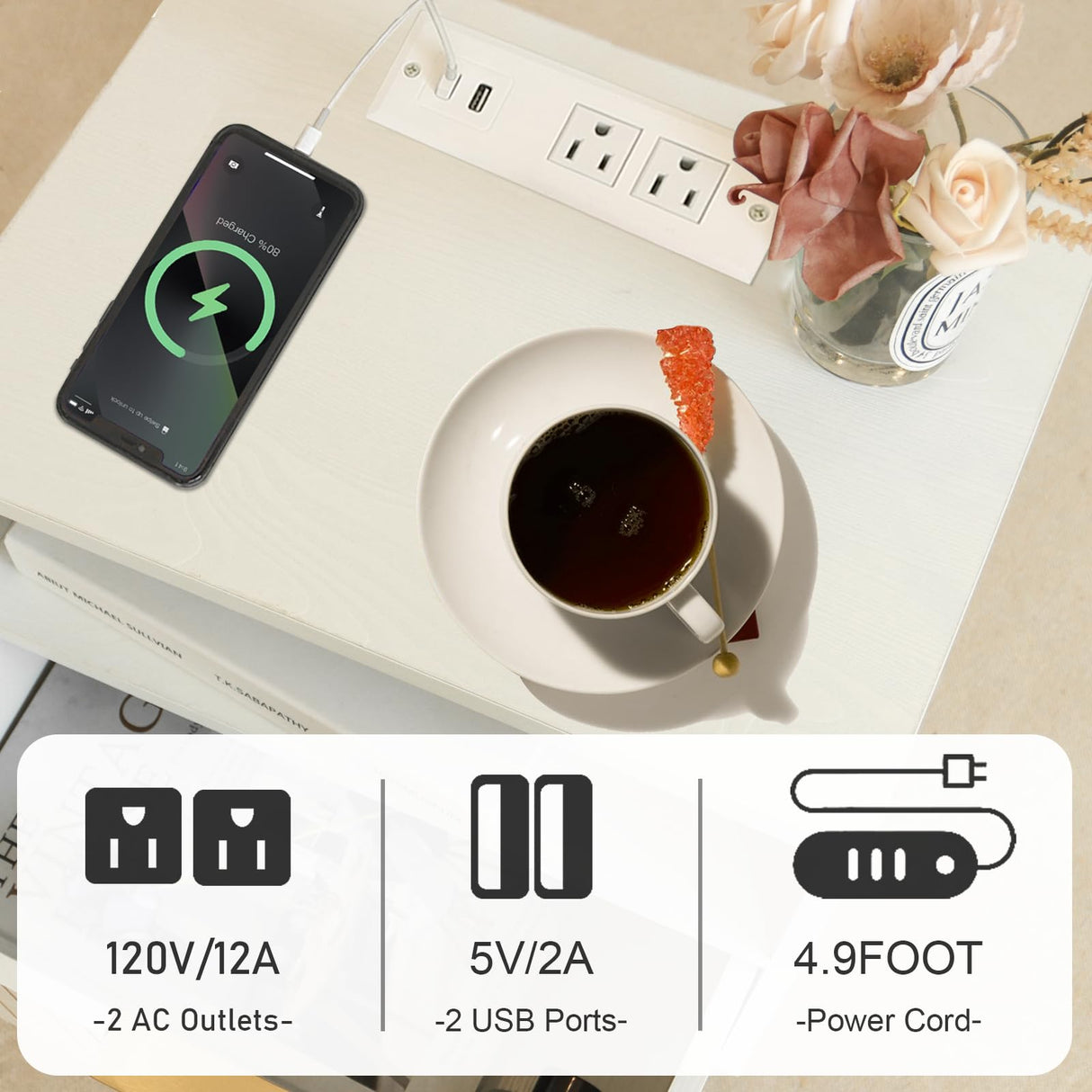 White Nightstand with Charging Station, Mid Century Modern Nightstand with Liner Drawer and Solid Wood Legs, Small Bedside Table End Table for Bedroom with 2-Tier Storage, White MaxSmeo