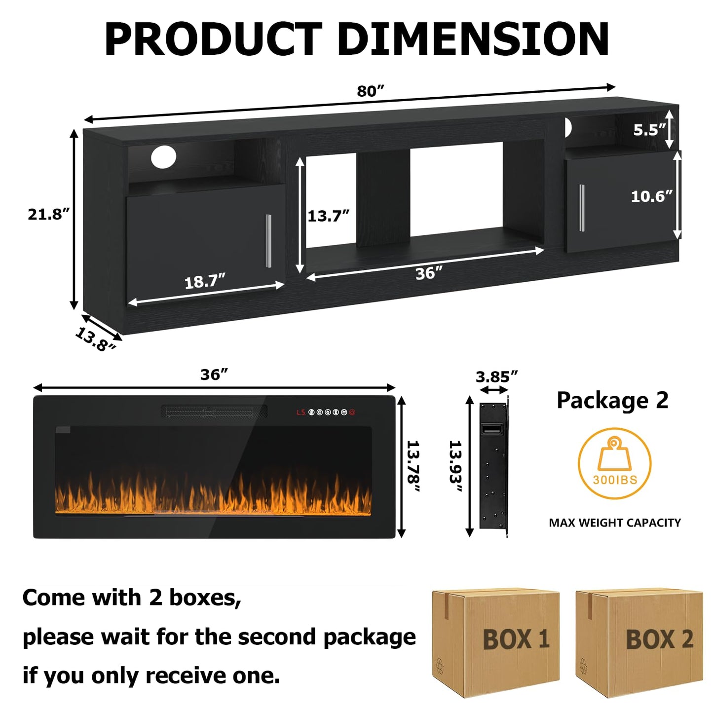 PRETZI Fireplace TV Stand with 36" Fireplace Up to 90" TVs,80" Entertainment Center with LED Lights,Remote Control,TV Media Console with Storage Cabinets for Living Room, Black