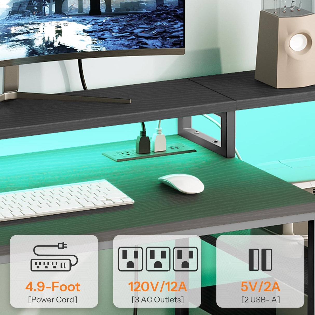 HOOBRO Computer Desk, 55" Home Office Desk with Fabric File Cabinet, Power Outlet and LED Strip, Office Desk with Monitor Stand and 2 Hooks for Home Office, Black BB46UDDN01 HOOBRO